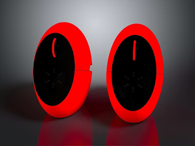 Two Red Circular Electronic Appliances With Sleek Black Front Panel Design 3d model