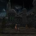 Cartoon Fantasy Castle Scene With Tall Spires And Full Moon In Dark Sky