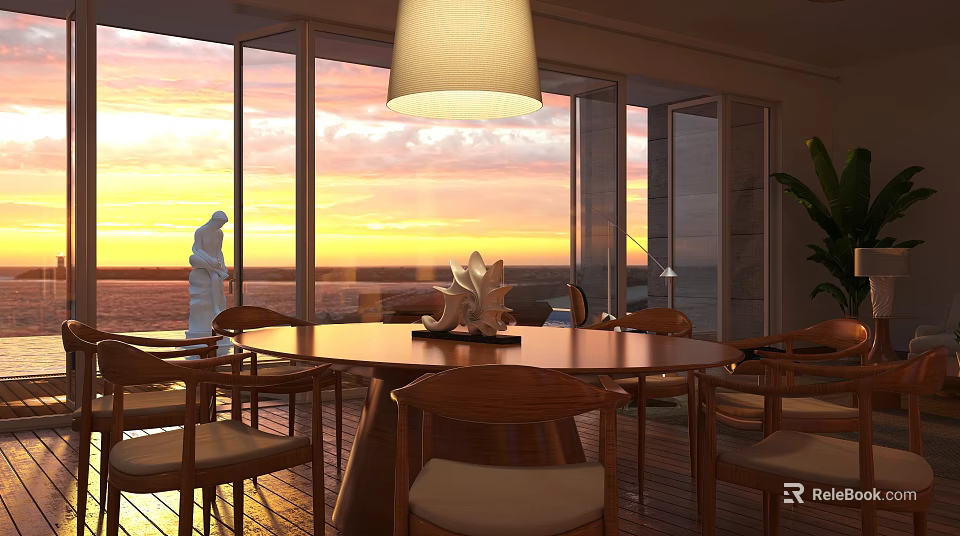 Hotel Public Lounge Area With Sunset Sea View Through Large Windows And Round Table 3d model 