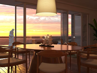 Hotel Public Lounge Area With Sunset Sea View Through Large Windows And Round Table 3d model