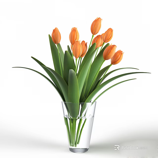 Vibrant Orange Tulips in Clear Glass Vase with Lush Green Leaves 3d model 