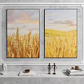 Two Panel Golden Wheat Fields Landscape Painting With Sunset Sky And Clouds 3d model