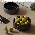 Ceramic Bowls With Marble Texture Holding Fresh Pears On Wooden Tabletop With Phone And Books