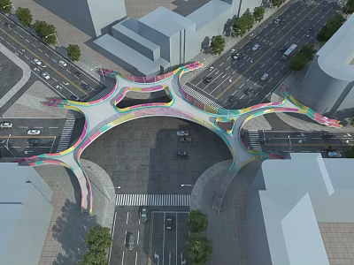 Colorful Modern Urban Bridge With Unique Curved Architectural Design Over City Road 3d model