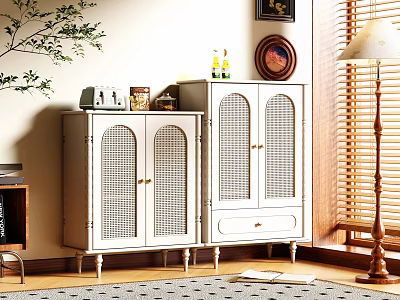 White Entryway Cabinet And Side Cabinet With Wicker Doors Floor Lamp And Decorative Items 3d model