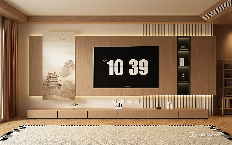 Modern Japanese Style Wooden TV Stand With Storage Drawers And Decorative Painting 3d model 