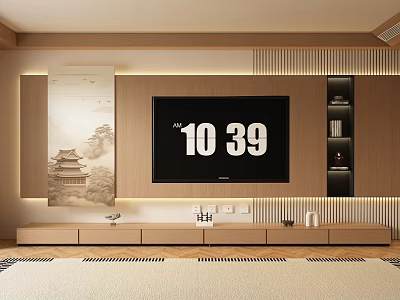 Modern Japanese Style Wooden TV Stand With Storage Drawers And Decorative Painting 3d model