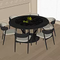Round Table And Chair Set With Black Marble Tabletop Six Chairs Dark Legs Light Seats