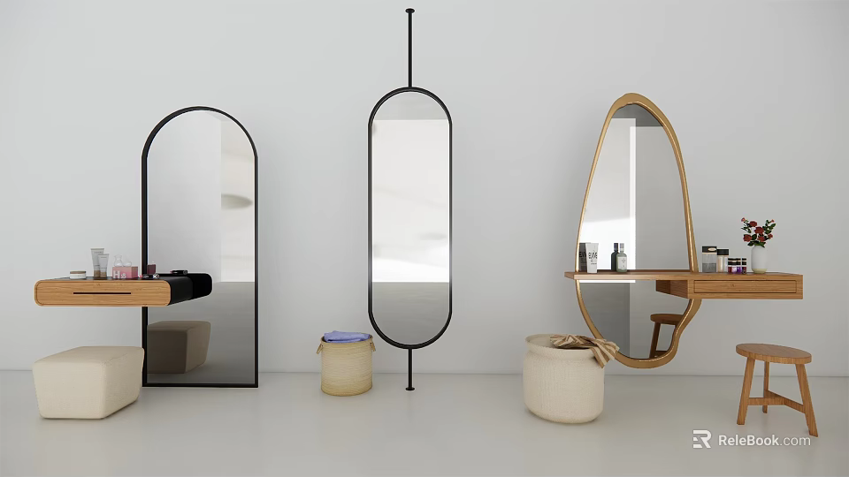 Modern Vanity Tables With Various Shaped Mirrors Wooden Tops And Accessories 3d model 