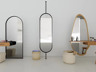 Modern Vanity Tables With Various Shaped Mirrors Wooden Tops And Accessories 3d model