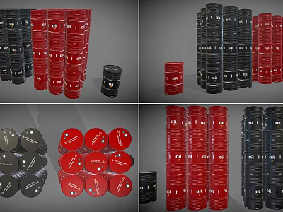 Red And Black Stacked Barrels Collection With Multiple Arrangements And Sizes 3d model