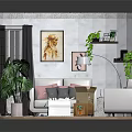 Contemporary Living Room Furniture Including Sofa Armchair Round Rug Potted Plants Decorative Paintings Wall Shelf
