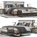 Modern Double Bed With Nightstands Table Lamps Decorative Pillows And Bench 3d model