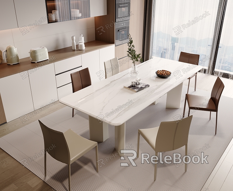 Modern Dining Table and Chair Combination Wine Cabinet Chandelier Decoration Refrigerator Electric Appliance Hanging Painting Hanging Cabinet model