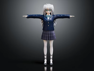 3D Model Anime Schoolgirl Character With Silver Hair Glasses Navy Blue Blazer And Plaid Skirt 3d model