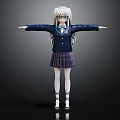 3D Model Anime Schoolgirl Character With Silver Hair Glasses Navy Blue Blazer And Plaid Skirt