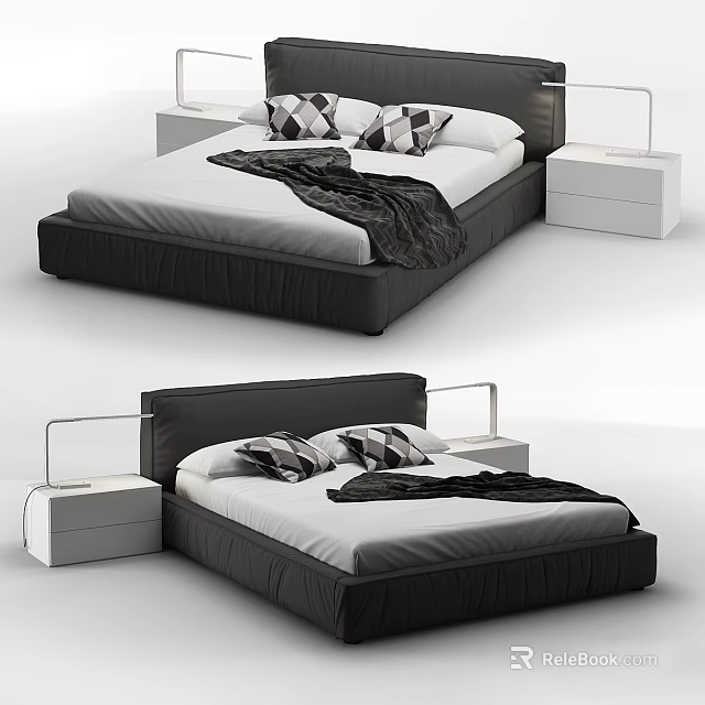 Modern Black Leather Double Bed With White Bedside Tables And Patterned Pillows 3d model