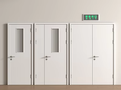 Three White Doors With Small Windows And Green Electronic Display Panel Above 3d model