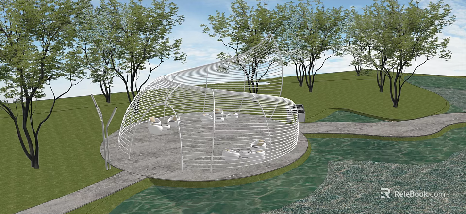 Modern White Pergola Structure With Seating Area Near Water And Trees 3d model 