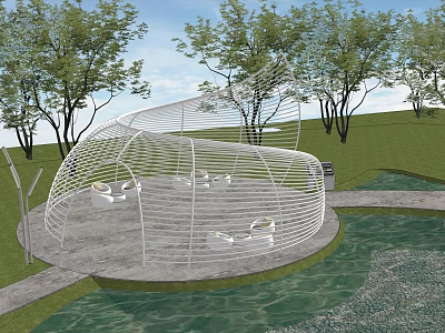 Modern White Pergola Structure With Seating Area Near Water And Trees 3d model