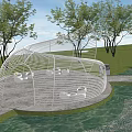 Modern White Pergola Structure With Seating Area Near Water And Trees