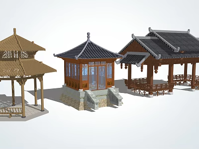 Traditional Landscape Pavilions With Wooden Structures Curved Roofs And Various Designs 3d model