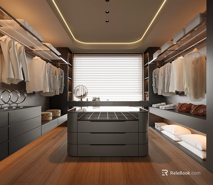 Modern Walk in Closet Interior Design With Hanging Clothes Island Drawers Blinds And Wooden Floors 3d model 