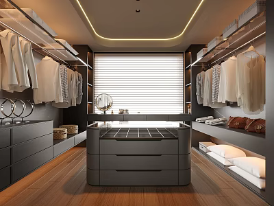 Modern Walk in Closet Interior Design With Hanging Clothes Island Drawers Blinds And Wooden Floors 3d model