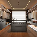 Modern Walk in Closet Interior Design With Hanging Clothes Island Drawers Blinds And Wooden Floors