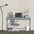 Gray Office Desk Setup With Ergonomic Chair Laptop Clock Binders Flower Vase And Floor Lamp