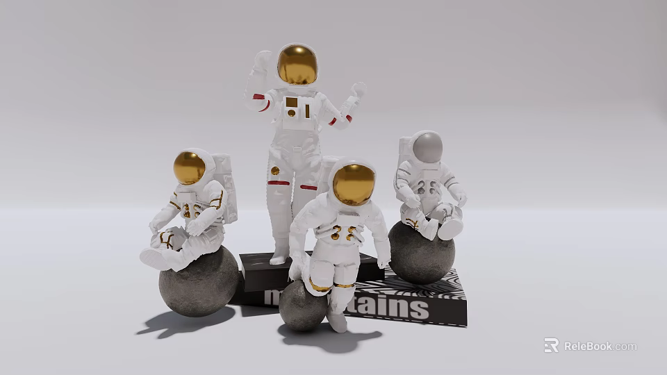 Astronaut Figures in White Spacesuits with Gold Silver Helmets and Mountains Base 3d model