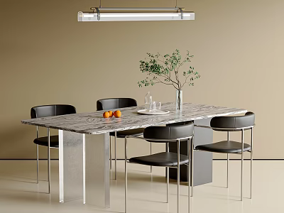 Modern Marble Dining Table With Black Chairs Green Plant Oranges And Ceiling Light 3d model