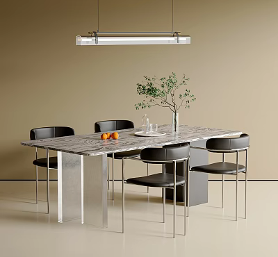 Modern Marble Dining Table With Black Chairs Green Plant Oranges And Ceiling Light 3d model