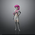 3D Character Model With Pink Hair White Outfit Red R Logo Earrings Gray Gloves Stockings