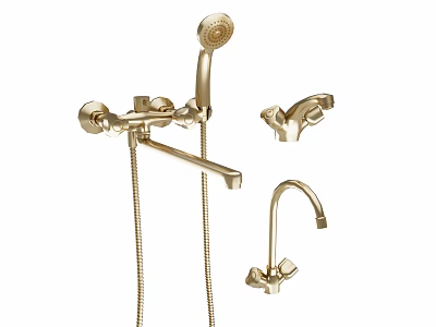 Golden Wall Mounted Shower Faucet Set With Handheld Showerhead And Tap Components 3d model