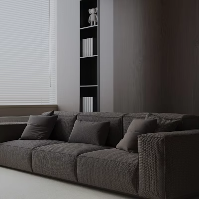 Three Seater Gray Fabric Sofa With Soft Cushions In Living Room With Bookshelf And Blinds 3d model