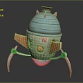 Cartoon Mechanical Robot Model With Blue Dome Orange Spikes Red Button Letter M Gray Legs