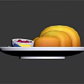 Delicious Yellow Bread Rolls with Pink Sauce and Yellow Butter on Plate and Blue Tray