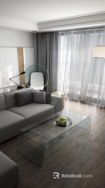 Modern Living And Dining Space With Grey Sofa Glass Coffee Table 3d model 