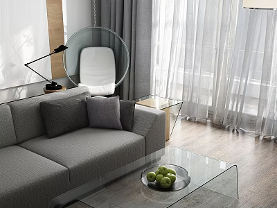 Modern Living And Dining Space With Grey Sofa Glass Coffee Table 3d model