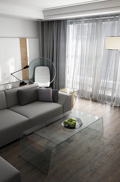 Modern Living And Dining Space With Grey Sofa Glass Coffee Table 3d model