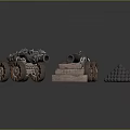Historical Military Cannons With Wooden Wheels Iron Balls And Stone Base