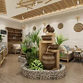 Warm Café Interior Design With Wooden Beams Staircase And Rattan Decor