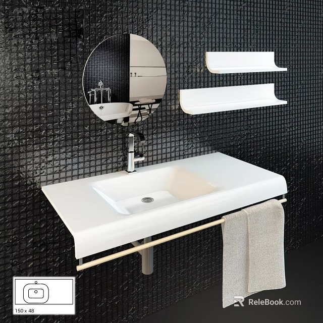 Modern White Bathroom Sink With Round Mirror Wall Shelves Towel Rack And Black Tiled Wall 3d model 