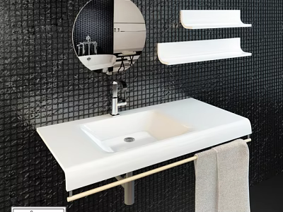 Modern White Bathroom Sink With Round Mirror Wall Shelves Towel Rack And Black Tiled Wall 3d model