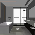 Modern Black And White Bathroom Interior With Bathtub Double Sink Large Mirror And Glass Shower