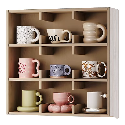 Colorful Tableware Set With Various Patterned Mugs On Wooden Shelf 3d model