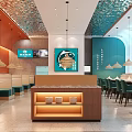 Modern Hotpot Restaurant Interior With Green Orange Decor Booth Seats And Pendant Lights