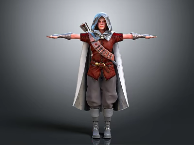 Hooded Archer Character With Red Tunic White Cloak Quiver Arm Guards And Outstretched Arms Standing Pose 3d model