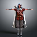 Hooded Archer Character With Red Tunic White Cloak Quiver Arm Guards And Outstretched Arms Standing Pose